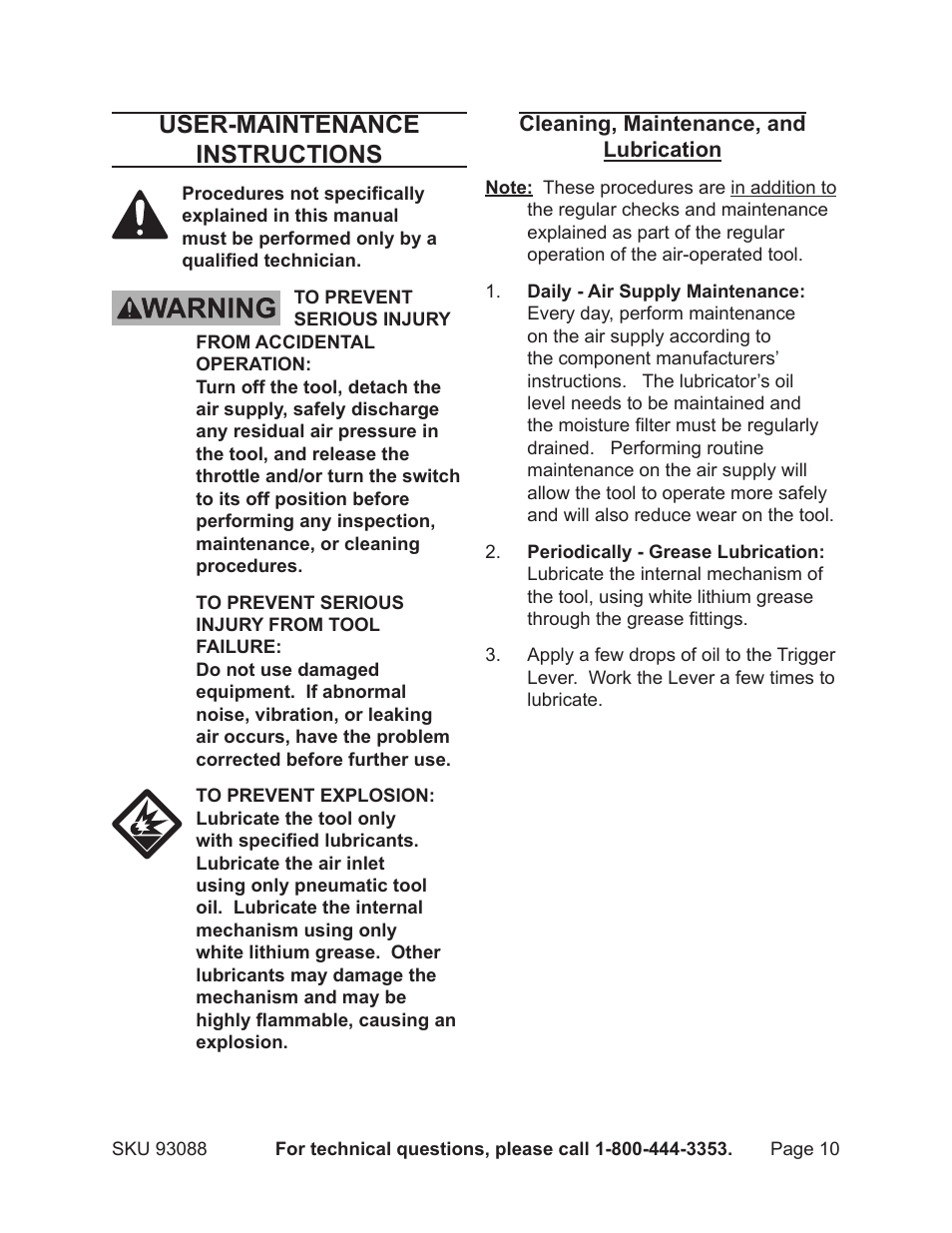 User-maintenance instructions | Harbor Freight Tools 93088 User Manual | Page 10 / 14