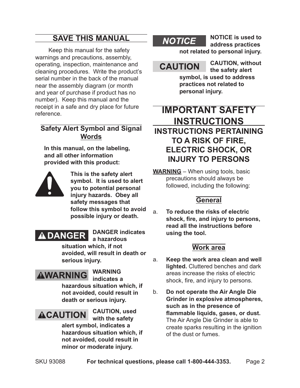 Important safety instructions, Save this manual | Harbor Freight Tools 93088 User Manual | Page 2 / 14