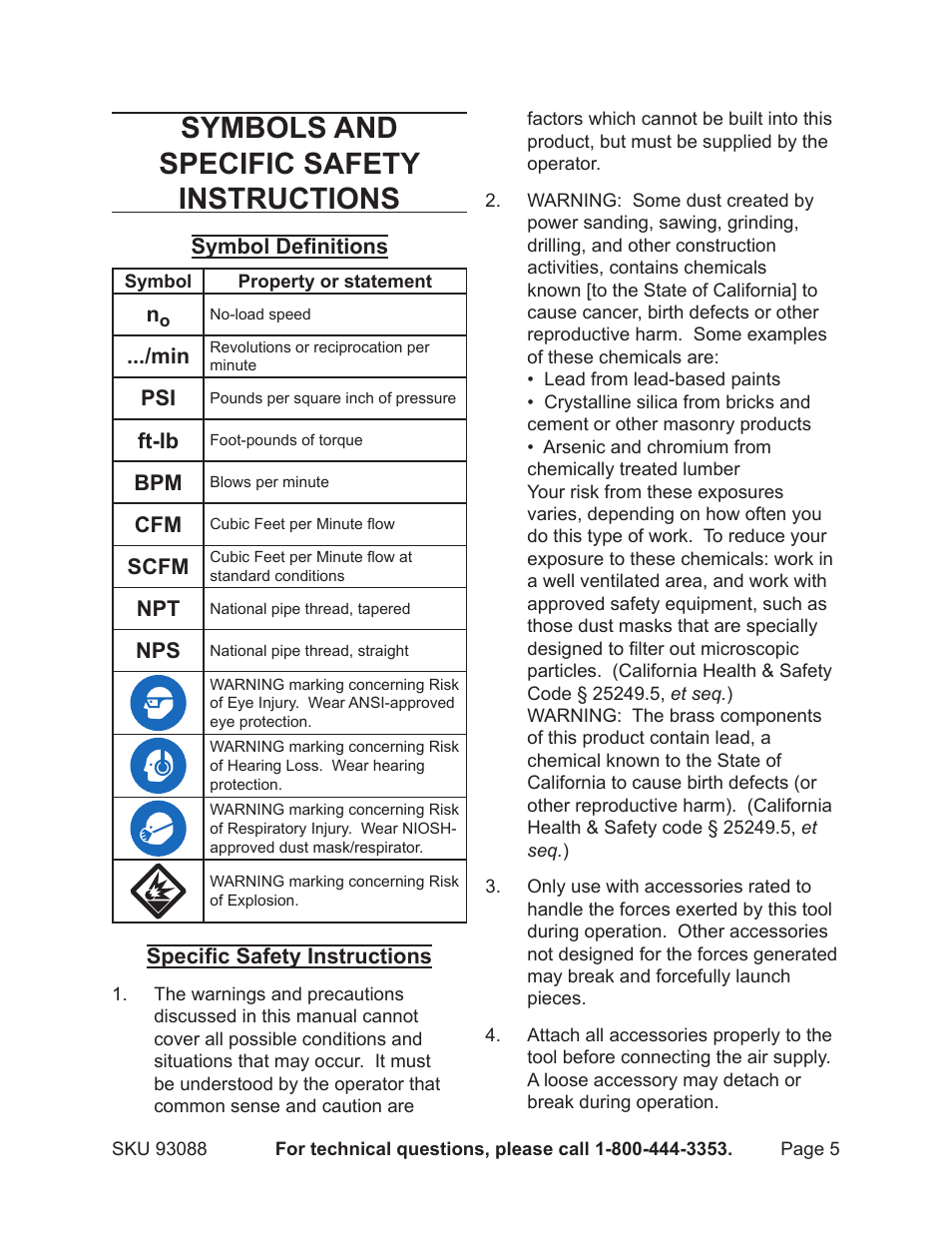 Symbols and specific safety instructions | Harbor Freight Tools 93088 User Manual | Page 5 / 14