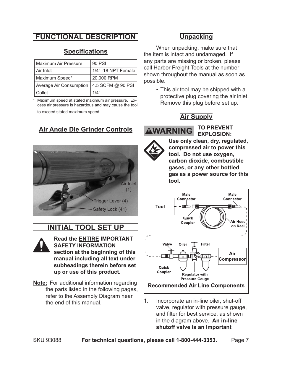 Functional description, Initial tool set up | Harbor Freight Tools 93088 User Manual | Page 7 / 14