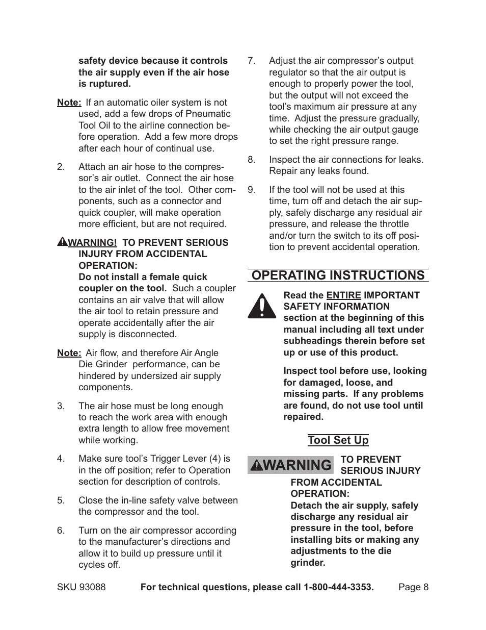 Operating instructions | Harbor Freight Tools 93088 User Manual | Page 8 / 14