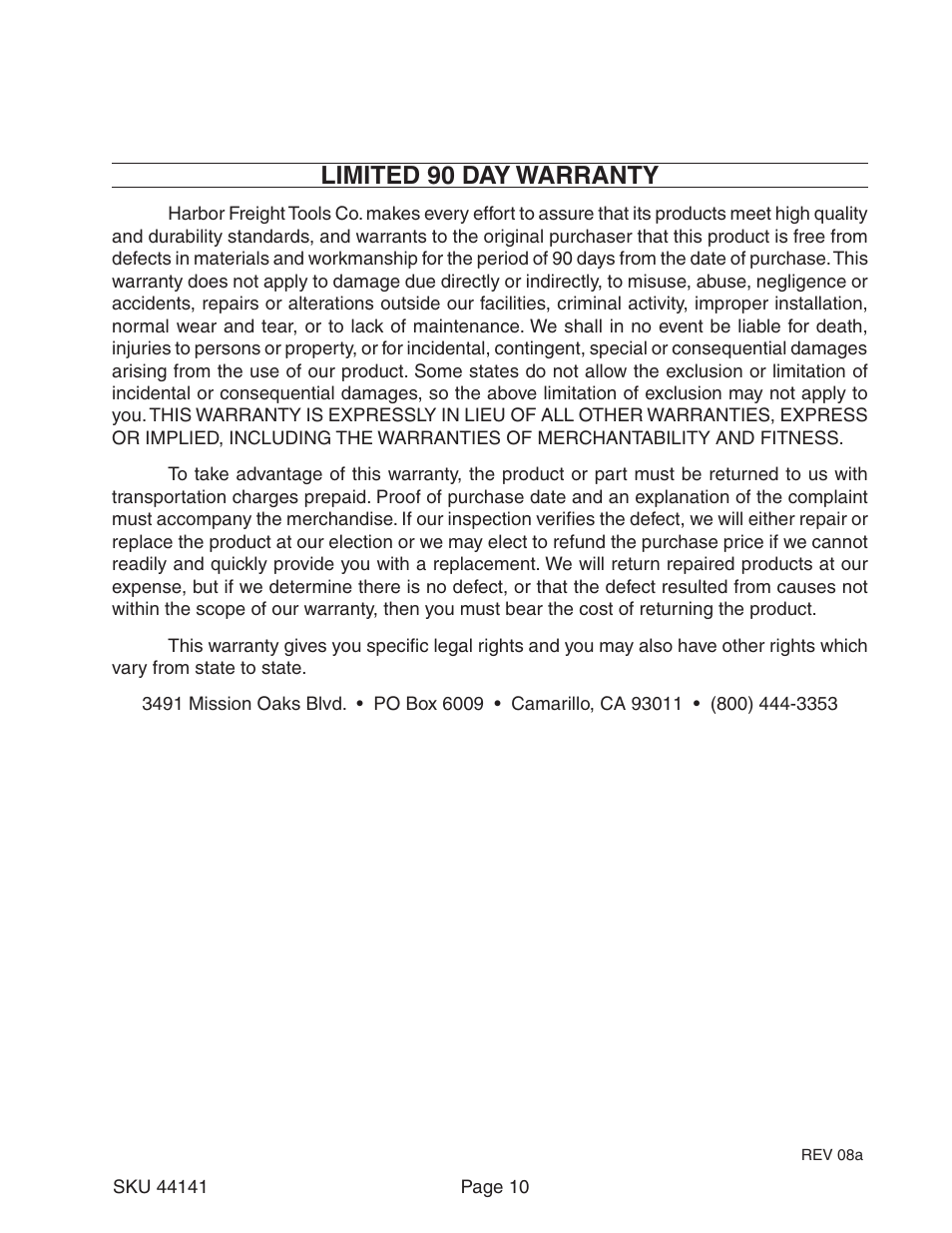 Limited 90 day warranty | Harbor Freight Tools 44141 User Manual | Page 10 / 10