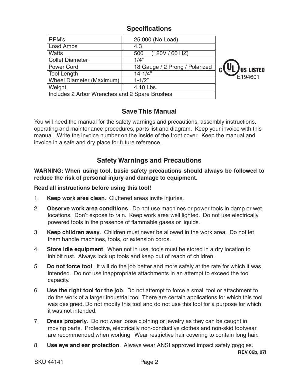 Harbor Freight Tools 44141 User Manual | Page 2 / 10