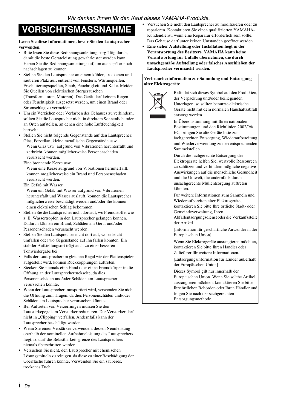 Deutsch, Vorsichtsmassnahme | Yamaha NS-C700 User Manual | Page 10 / 24