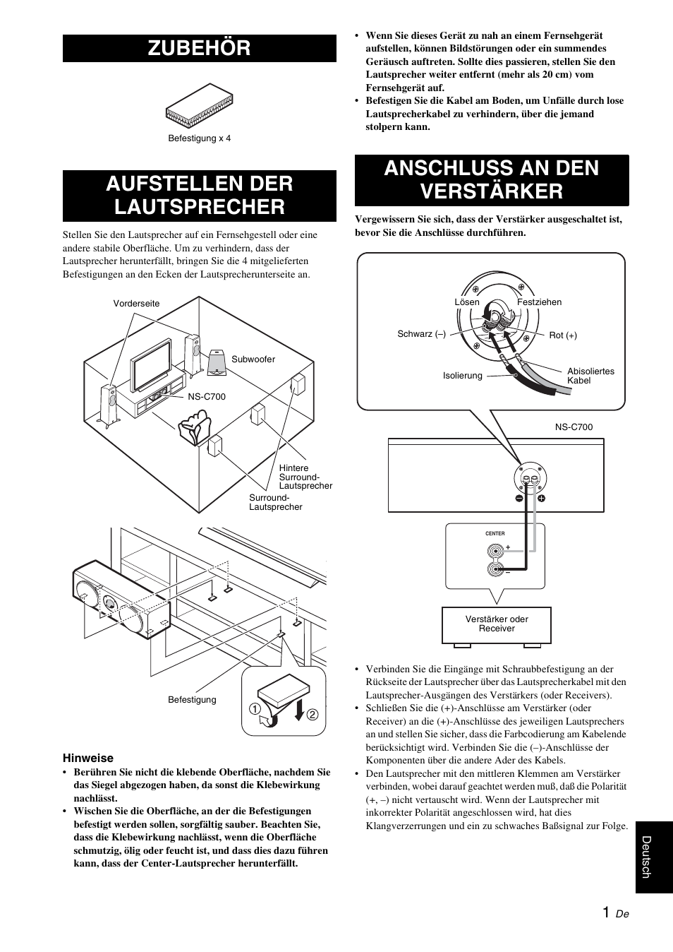 Zubehör, Aufstellen der lautsprecher, Anschluss an den verstärker | Zubehör aufstellen der lautsprecher | Yamaha NS-C700 User Manual | Page 11 / 24