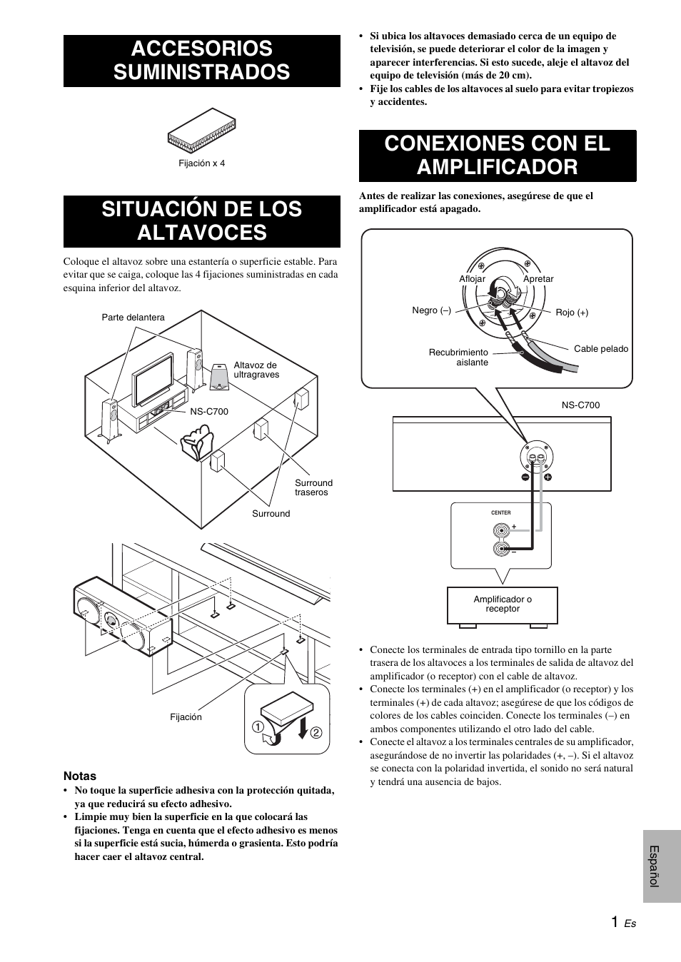 Accesorios suministrados, Situación de los altavoces, Conexiones con el amplificador | Yamaha NS-C700 User Manual | Page 15 / 24