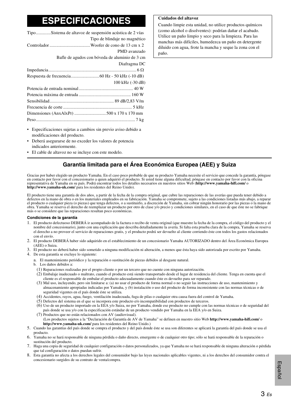 Especificaciones | Yamaha NS-C700 User Manual | Page 17 / 24