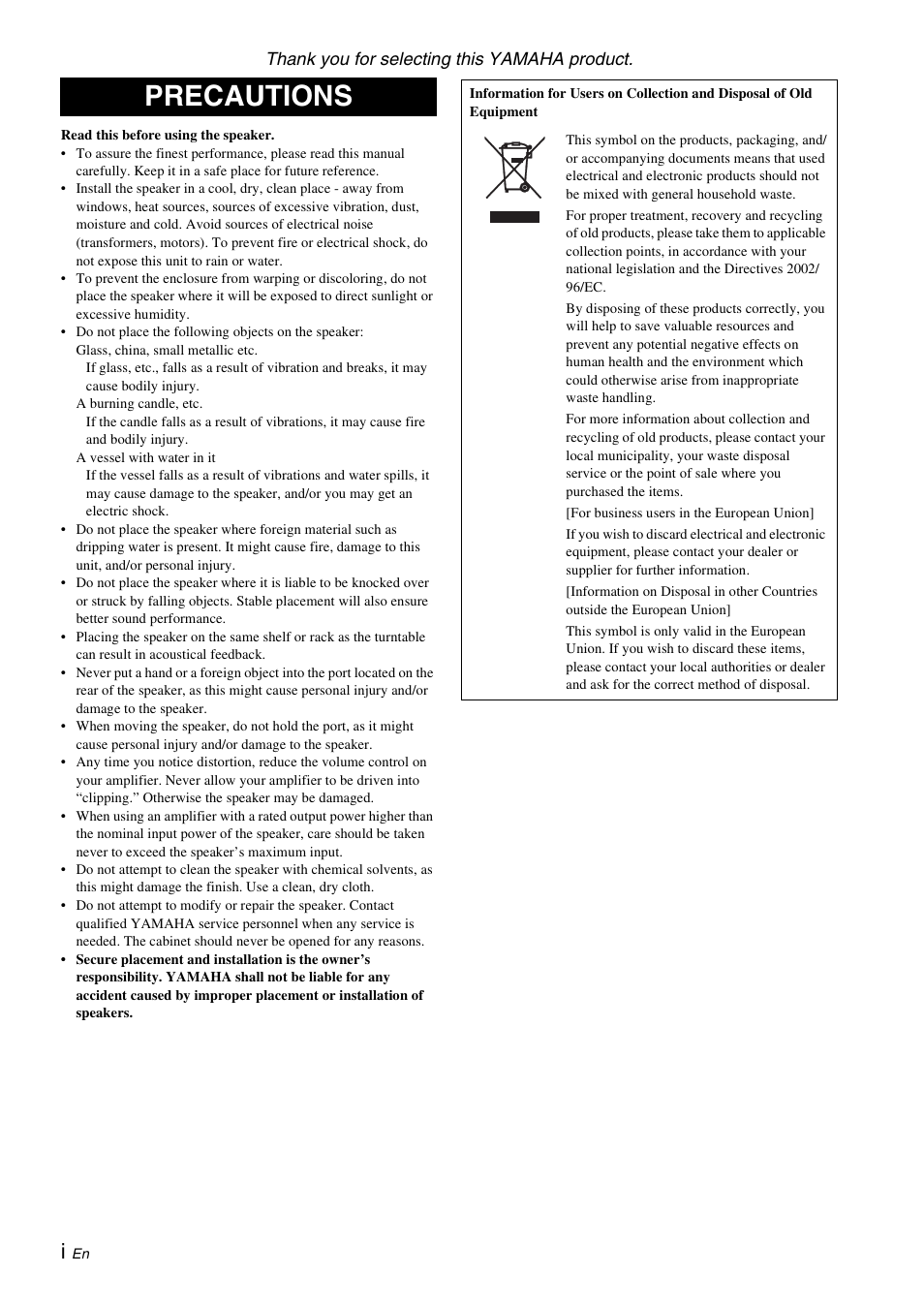 English, Precautions | Yamaha NS-C700 User Manual | Page 2 / 24