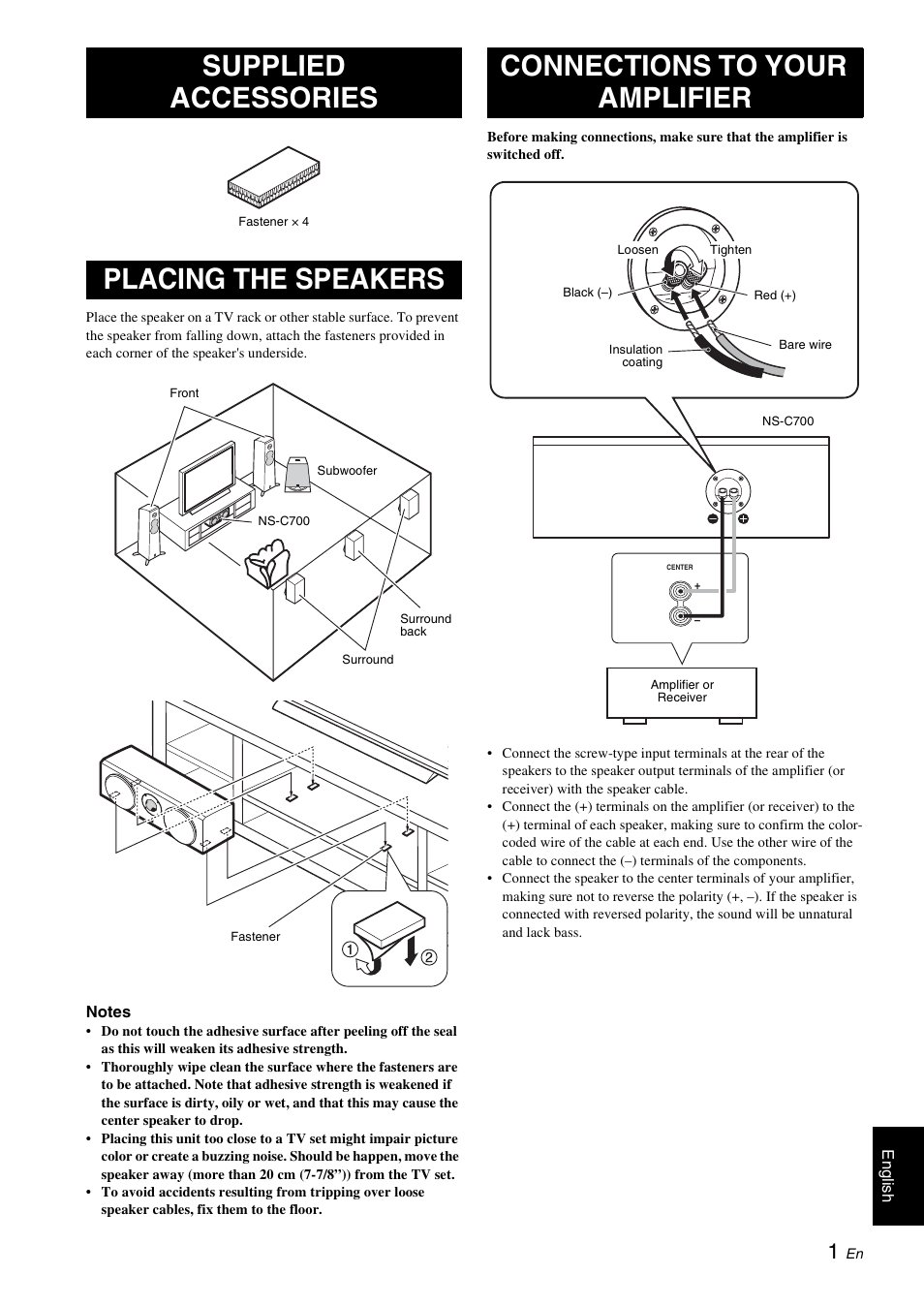 Supplied accessories, Placing the speakers, Connections to your amplifier | Supplied accessories placing the speakers | Yamaha NS-C700 User Manual | Page 3 / 24