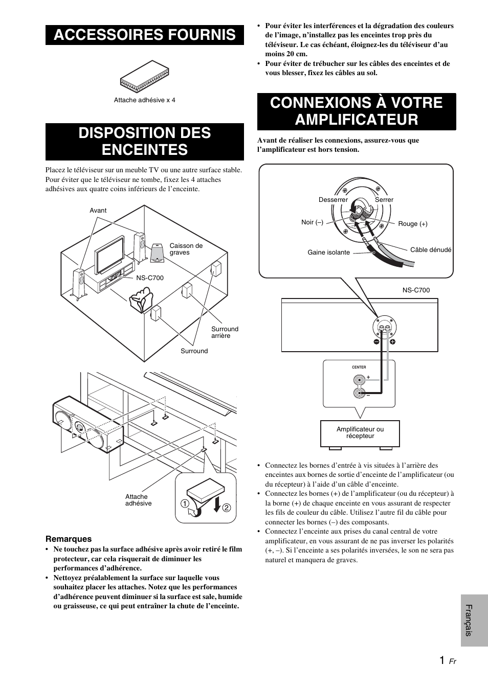 Accessoires fournis, Disposition des enceintes, Connexions à votre amplificateur | Accessoires fournis disposition des enceintes | Yamaha NS-C700 User Manual | Page 7 / 24