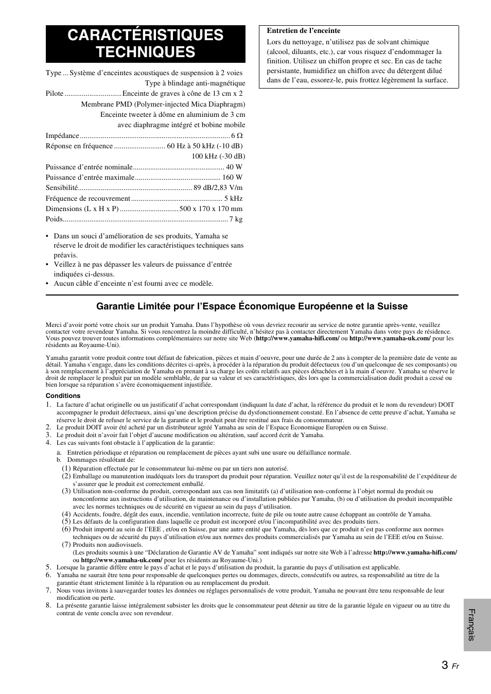 Caractéristiques techniques | Yamaha NS-C700 User Manual | Page 9 / 24