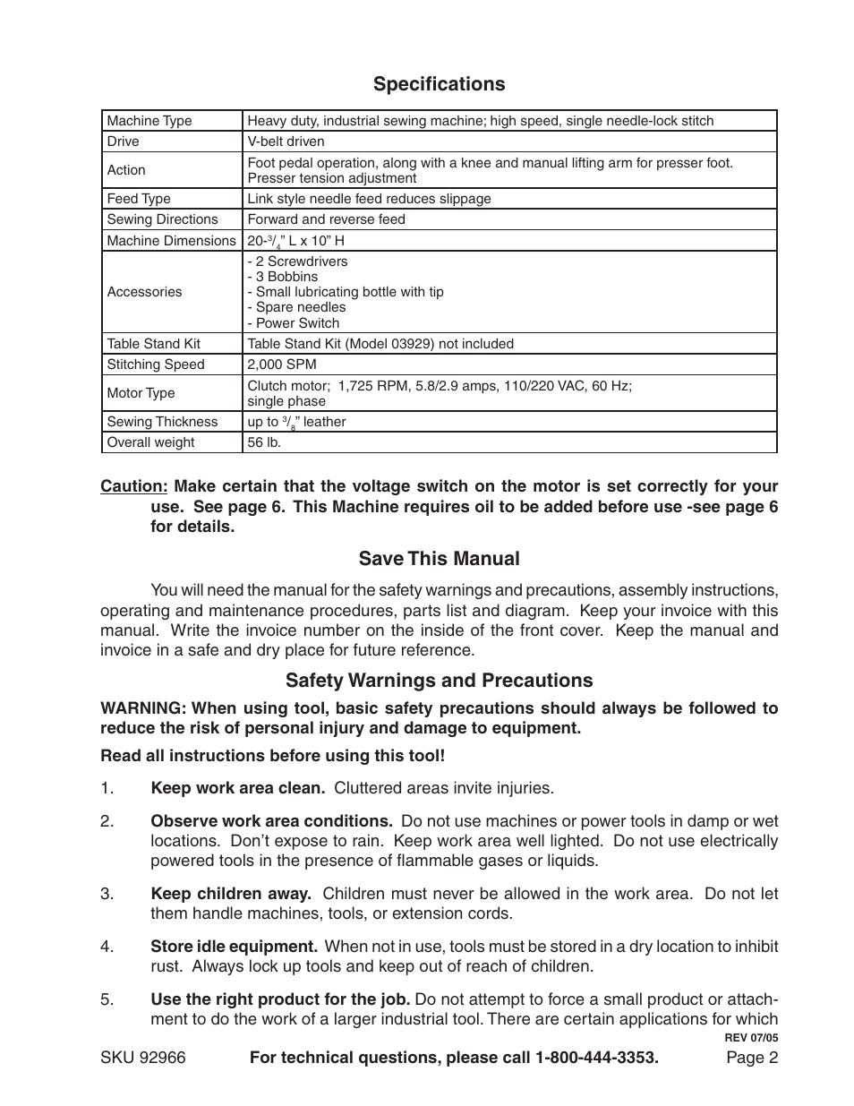 Specifications, Save this manual, Safety warnings and precautions | Harbor Freight Tools 92966 User Manual | Page 2 / 24