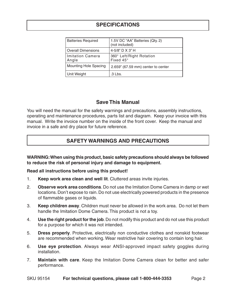 Specifications, Save this manual, Safety warnings and precautions | Harbor Freight Tools 95154 User Manual | Page 2 / 4