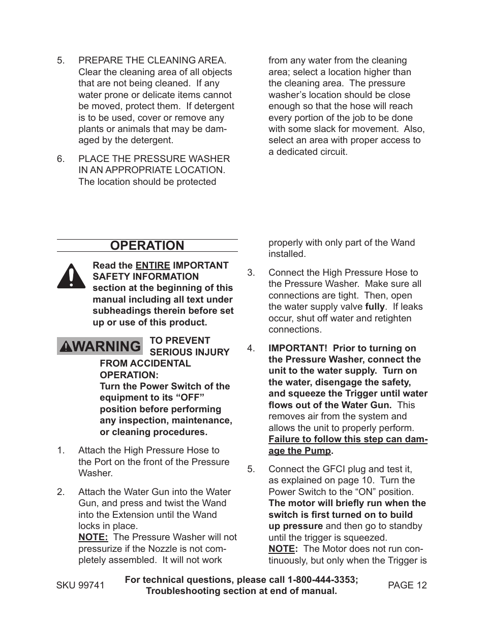 Operation | Harbor Freight Tools 99741 User Manual | Page 12 / 23