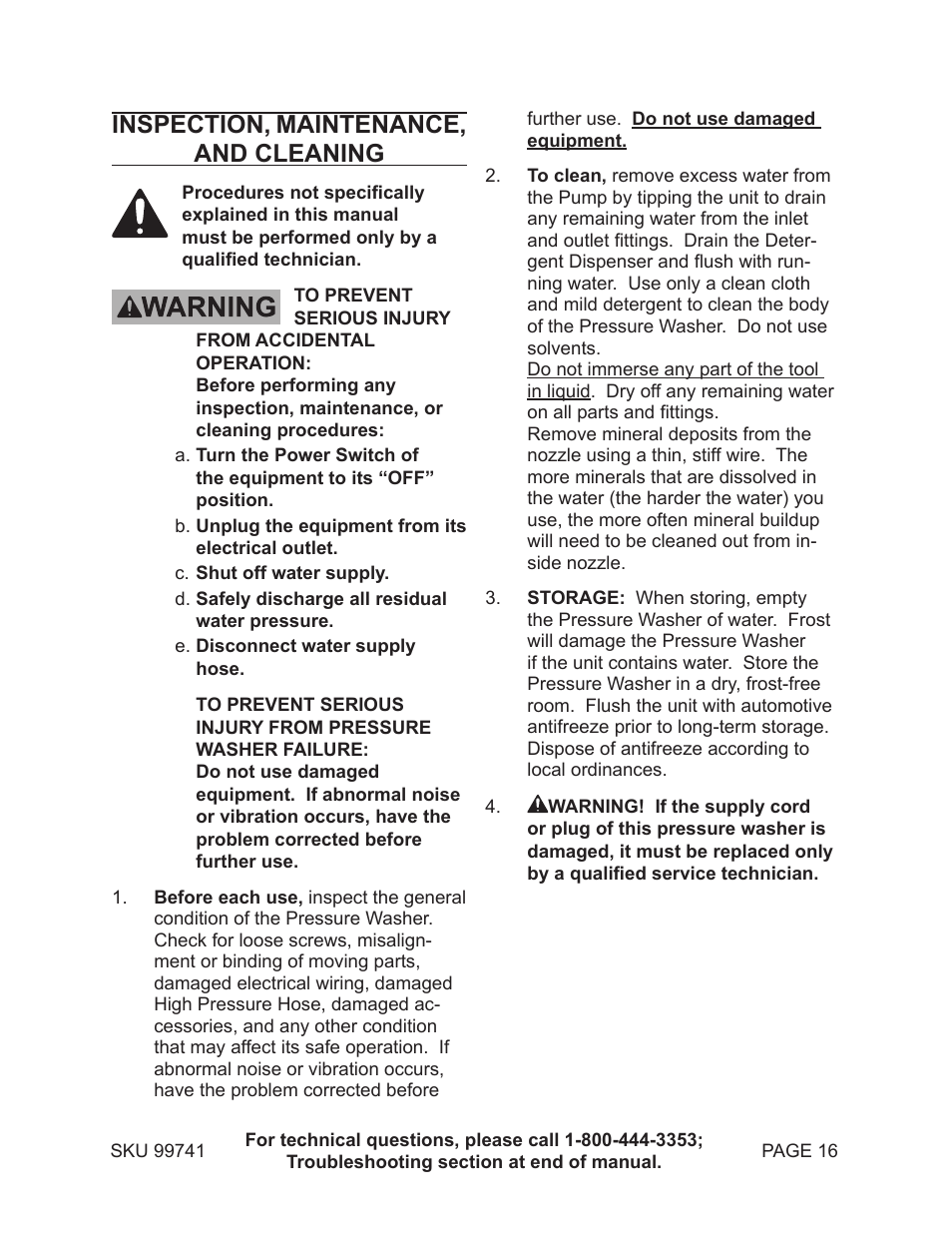 Inspection, maintenance, and cleaning | Harbor Freight Tools 99741 User Manual | Page 16 / 23