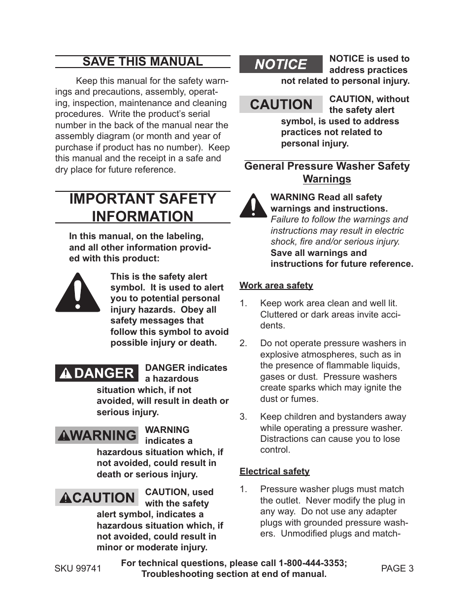 Important safety information, Save this manual | Harbor Freight Tools 99741 User Manual | Page 3 / 23