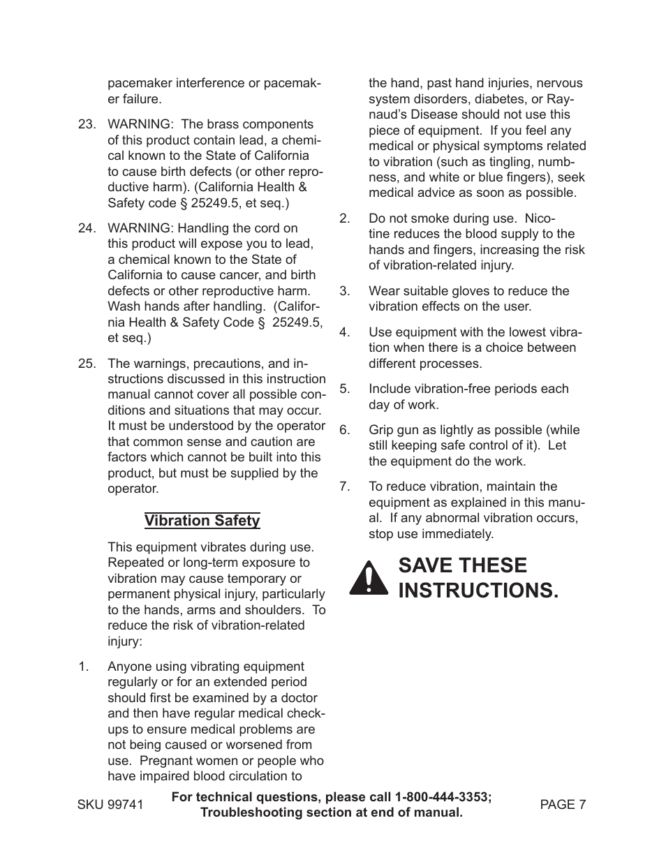 Save these instructions | Harbor Freight Tools 99741 User Manual | Page 7 / 23