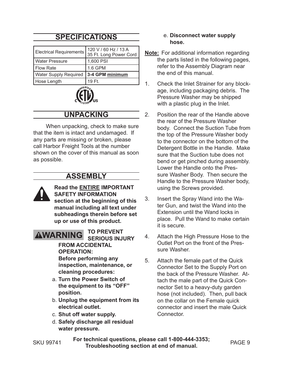 Specifications, Unpacking, Assembly | Harbor Freight Tools 99741 User Manual | Page 9 / 23