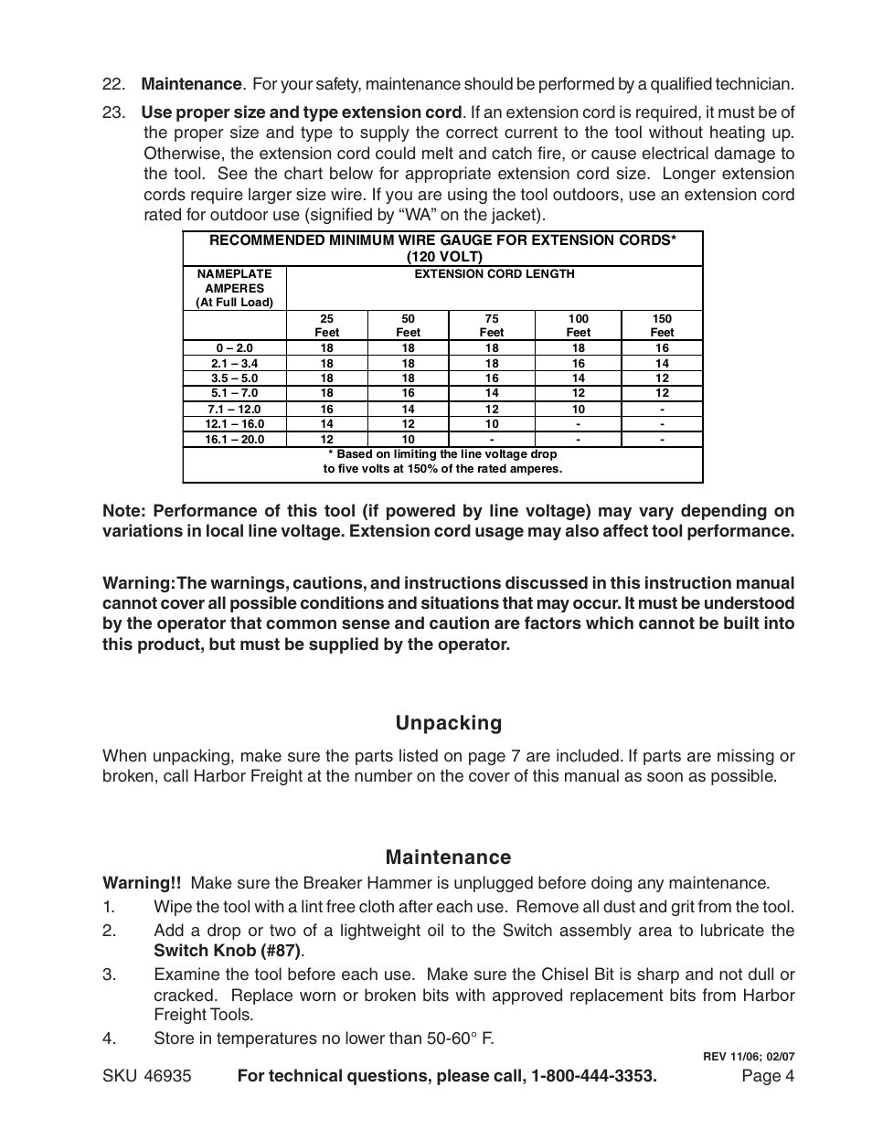 Unpacking, Maintenance | Harbor Freight Tools 46935 User Manual | Page 4 / 8