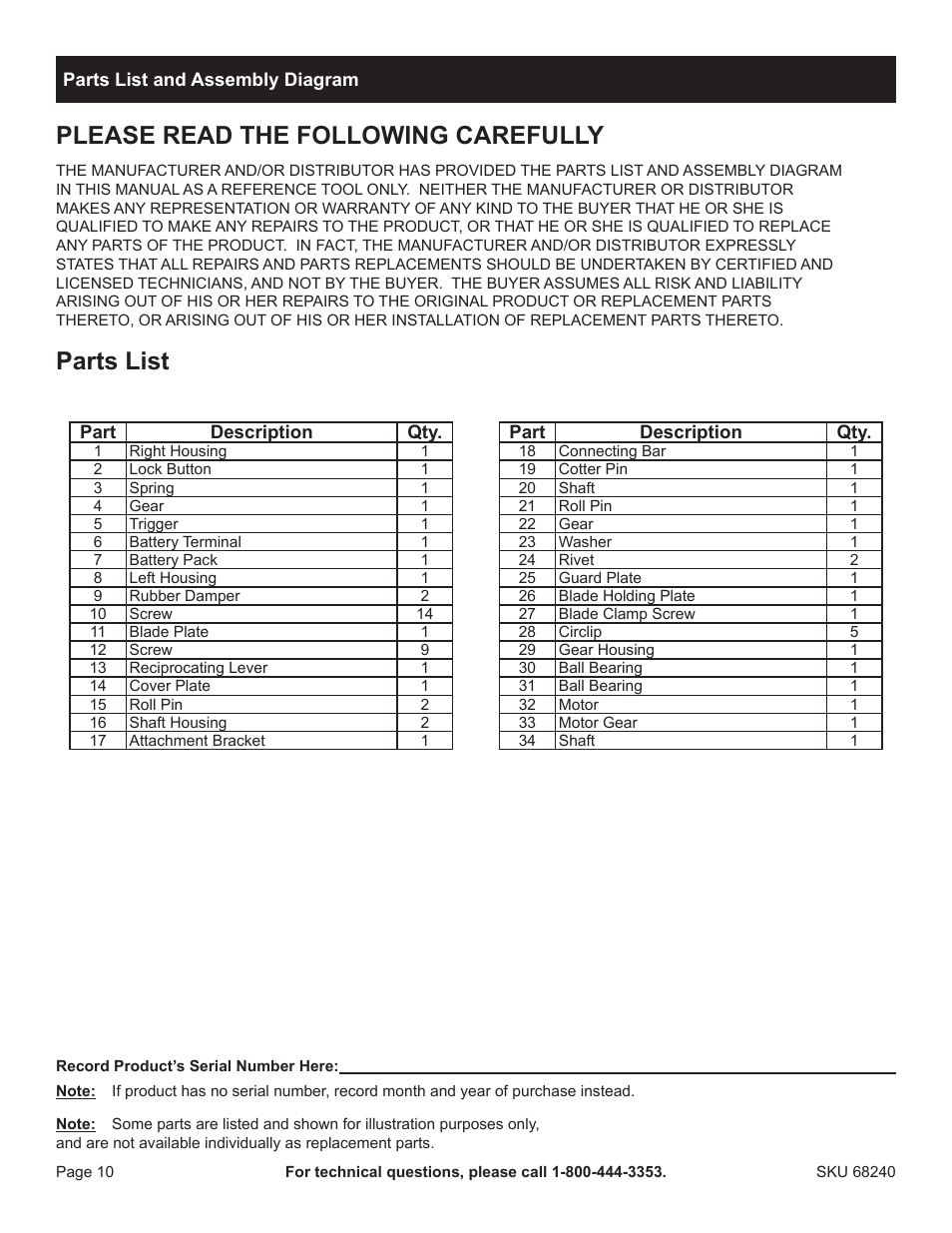 Please read the following carefully, Parts list | Harbor Freight Tools Drillmaster 18v Cordless Reciprocating Saw 68240 User Manual | Page 10 / 12
