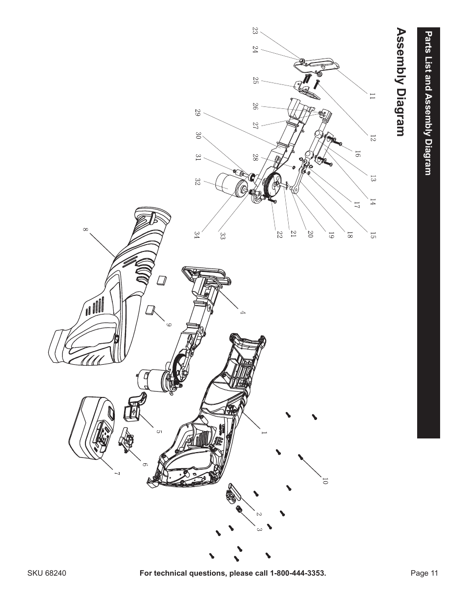 Assembly diagram | Harbor Freight Tools Drillmaster 18v Cordless Reciprocating Saw 68240 User Manual | Page 11 / 12