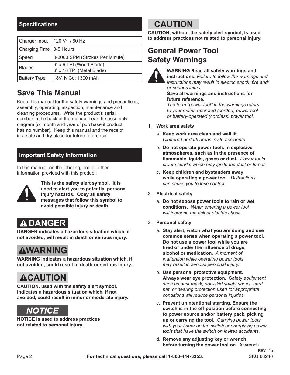 Save this manual, General power tool safety warnings | Harbor Freight Tools Drillmaster 18v Cordless Reciprocating Saw 68240 User Manual | Page 2 / 12