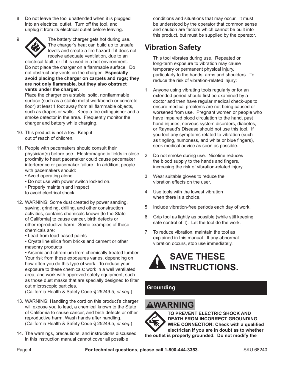 Save these instructions, Vibration safety | Harbor Freight Tools Drillmaster 18v Cordless Reciprocating Saw 68240 User Manual | Page 4 / 12