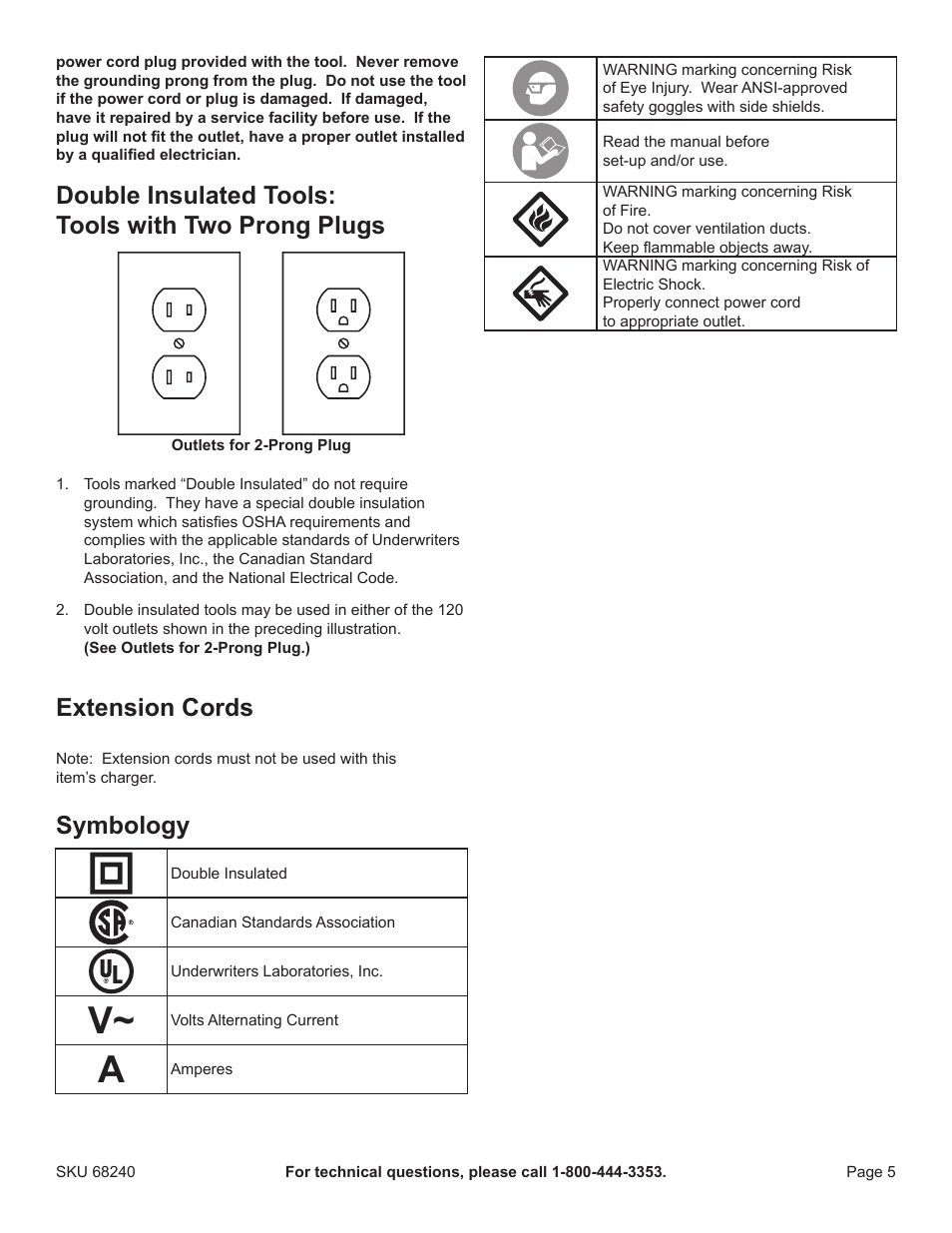Double insulated tools: tools with two prong plugs, Extension cords, Symbology | Harbor Freight Tools Drillmaster 18v Cordless Reciprocating Saw 68240 User Manual | Page 5 / 12