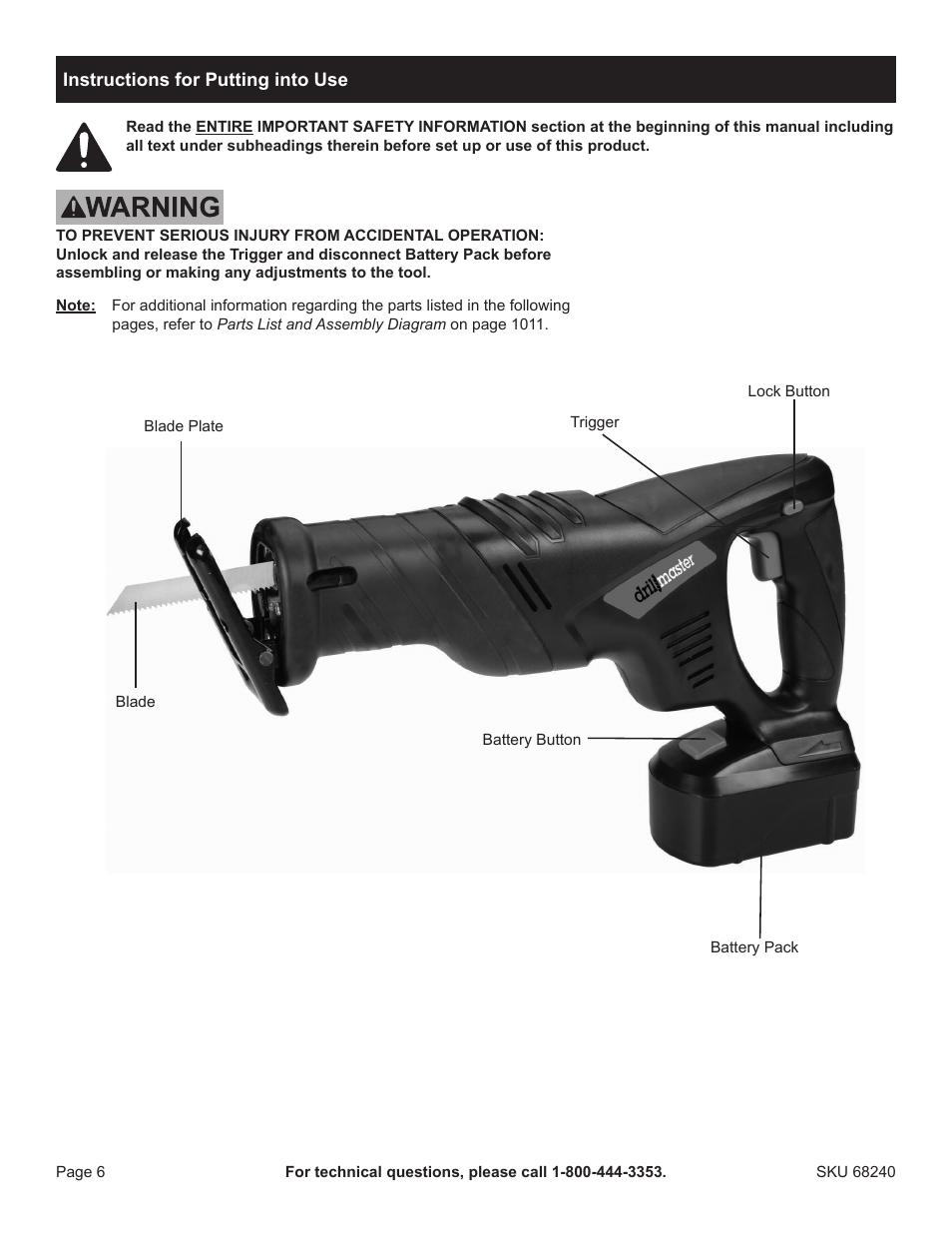 Harbor Freight Tools Drillmaster 18v Cordless Reciprocating Saw 68240 User Manual | Page 6 / 12