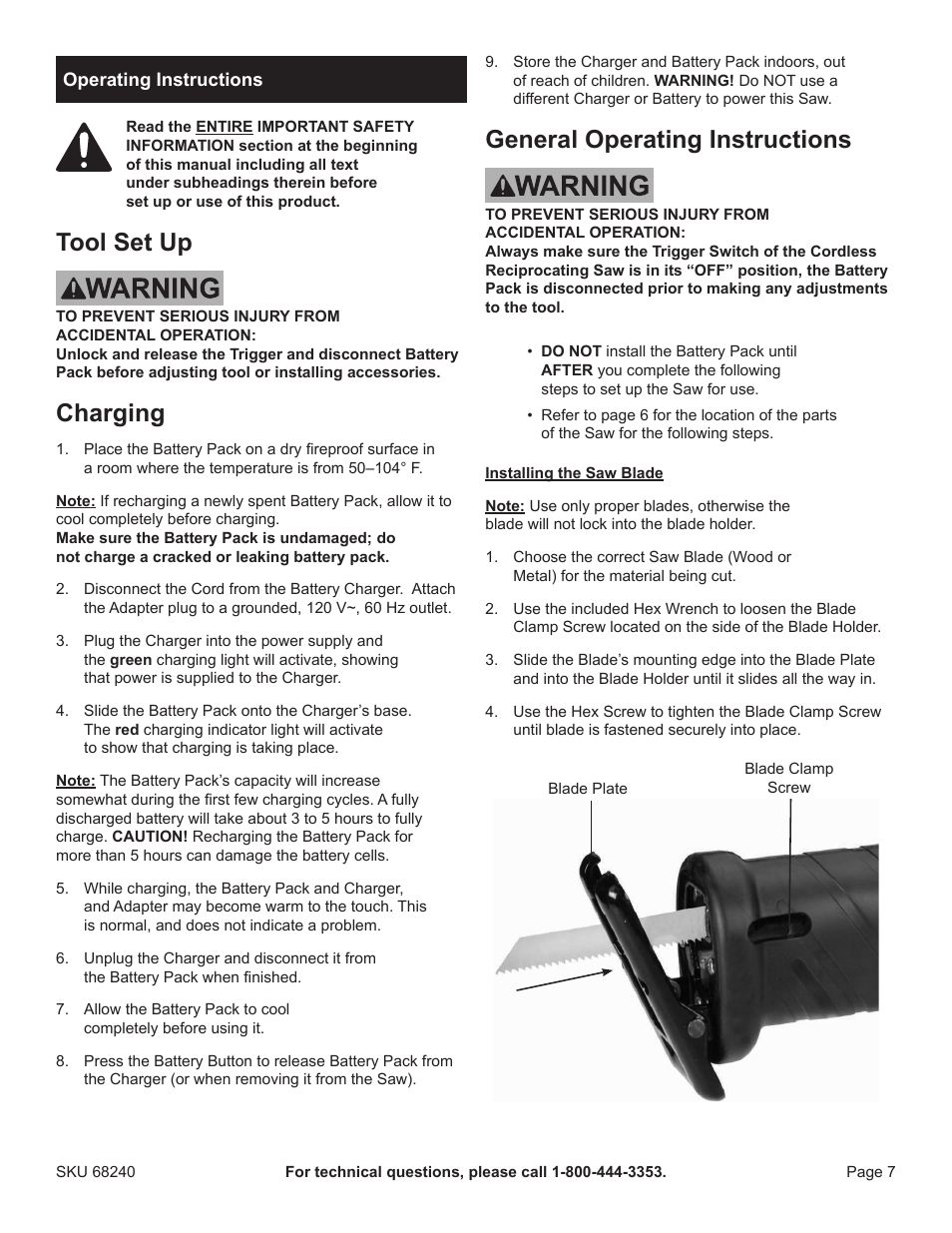 Tool set up, Charging, General operating instructions | Harbor Freight Tools Drillmaster 18v Cordless Reciprocating Saw 68240 User Manual | Page 7 / 12