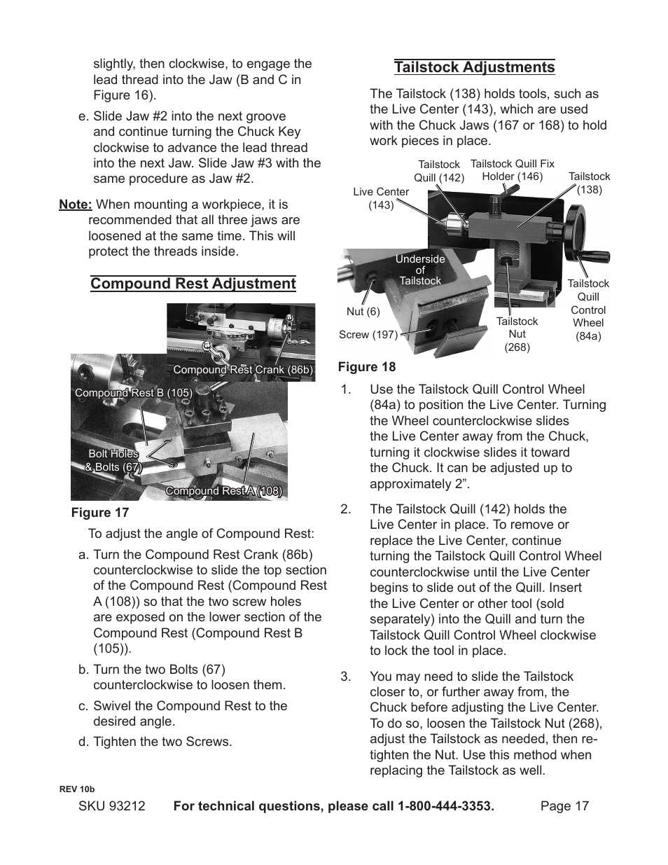 Compound rest adjustment, Tailstock adjustments | Harbor Freight Tools 93212 User Manual | Page 17 / 37