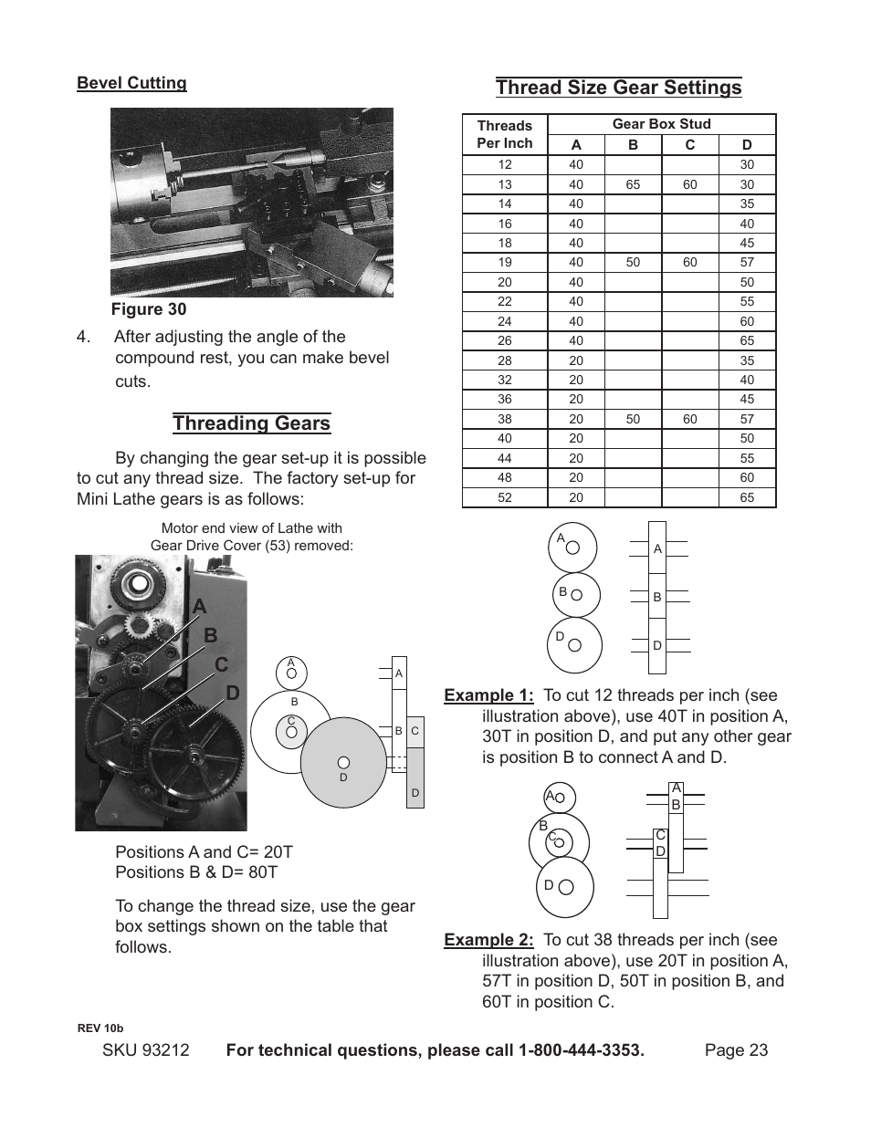 Ab c d, Threading gears, Thread size gear settings | Harbor Freight Tools 93212 User Manual | Page 23 / 37