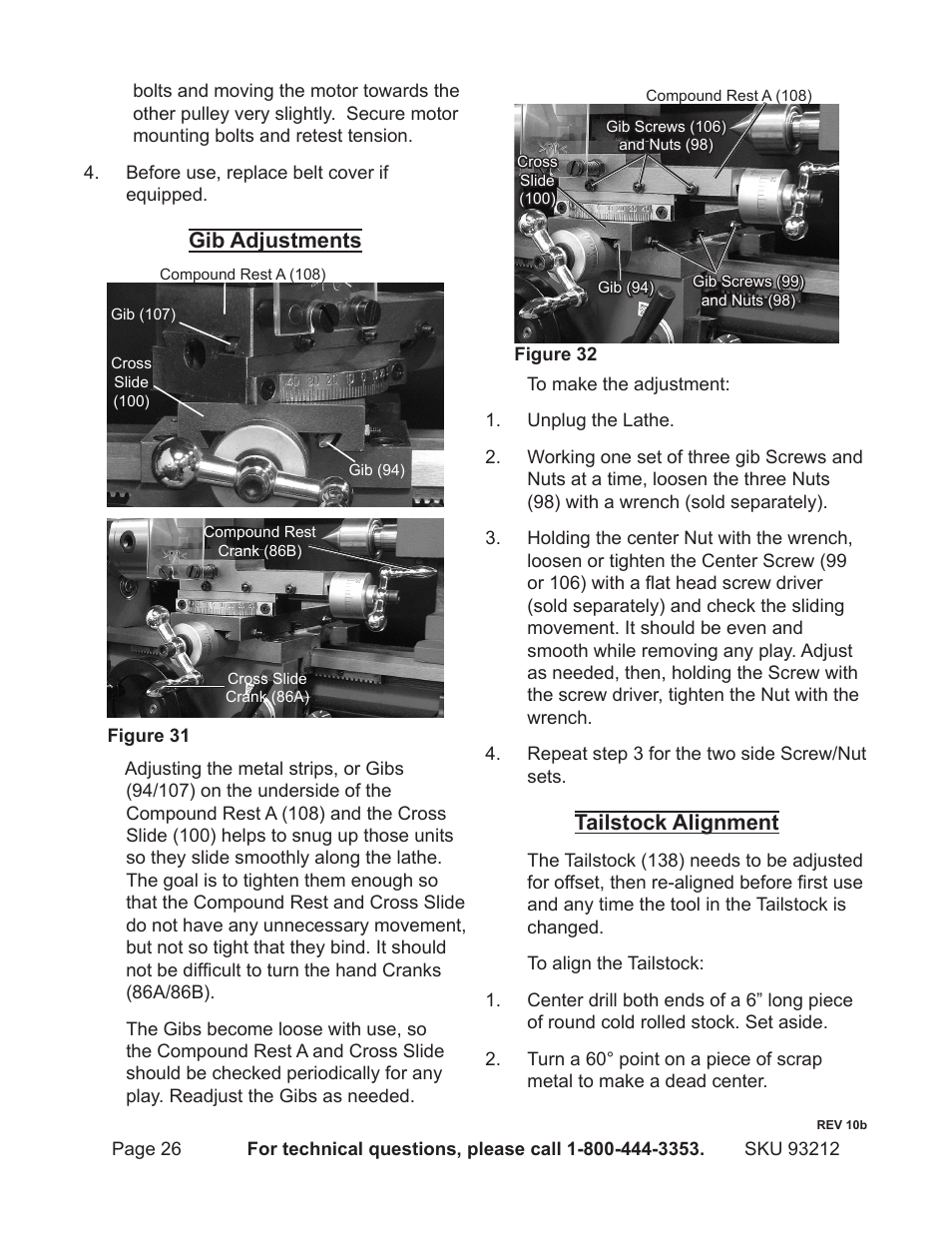 Gib adjustments, Tailstock alignment | Harbor Freight Tools 93212 User Manual | Page 26 / 37