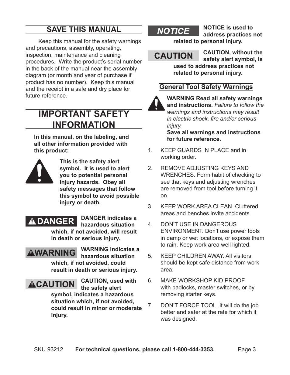 Important safety information, Save this manual | Harbor Freight Tools 93212 User Manual | Page 3 / 37
