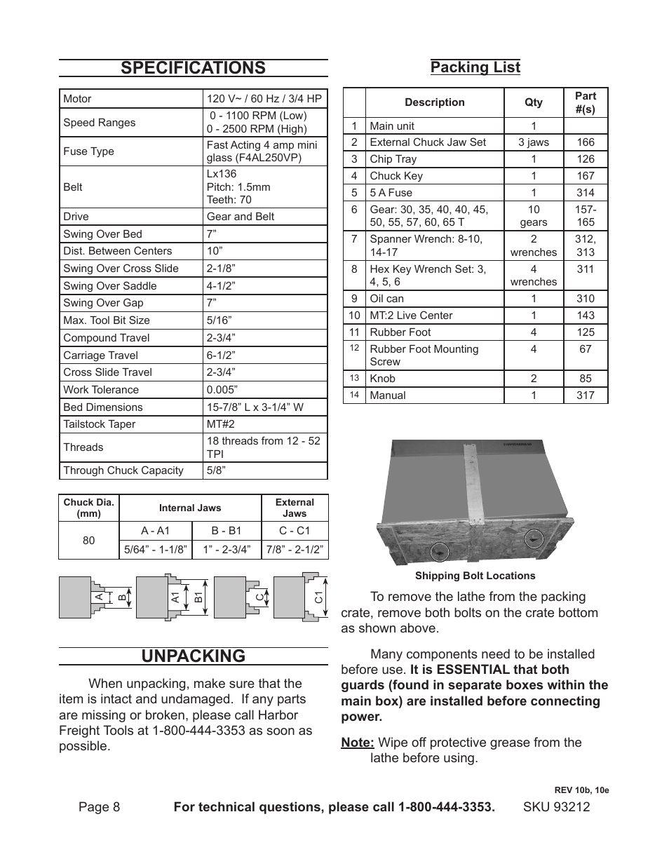 Specifications, Unpacking, Packing list | Harbor Freight Tools 93212 User Manual | Page 8 / 37