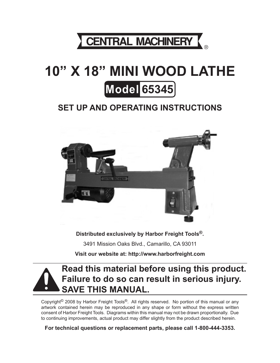 Harbor Freight Tools CENTRAL MACHINERY 65345 User Manual | 22 pages