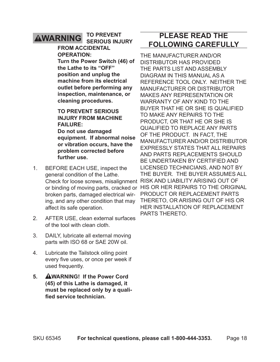 Please read the following carefully | Harbor Freight Tools CENTRAL MACHINERY 65345 User Manual | Page 18 / 22