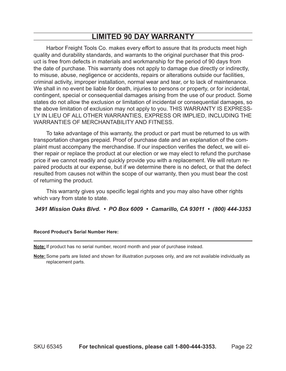 Limited 90 day warranty | Harbor Freight Tools CENTRAL MACHINERY 65345 User Manual | Page 22 / 22