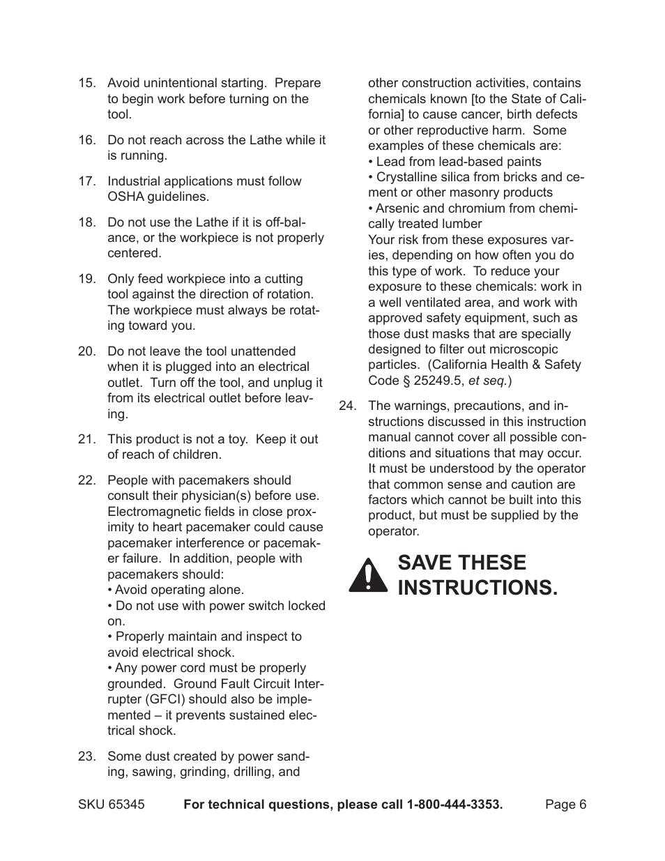 Save these instructions | Harbor Freight Tools CENTRAL MACHINERY 65345 User Manual | Page 6 / 22