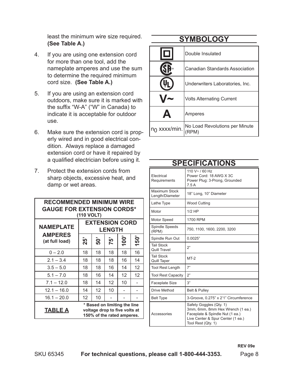 Symbology, Specifications | Harbor Freight Tools CENTRAL MACHINERY 65345 User Manual | Page 8 / 22