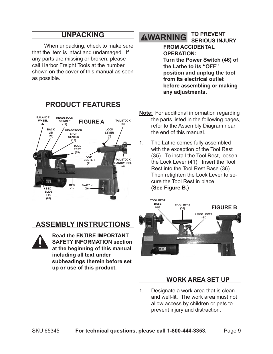 Unpacking, Product features, Assembly instructions | Work area set up, Figure a | Harbor Freight Tools CENTRAL MACHINERY 65345 User Manual | Page 9 / 22