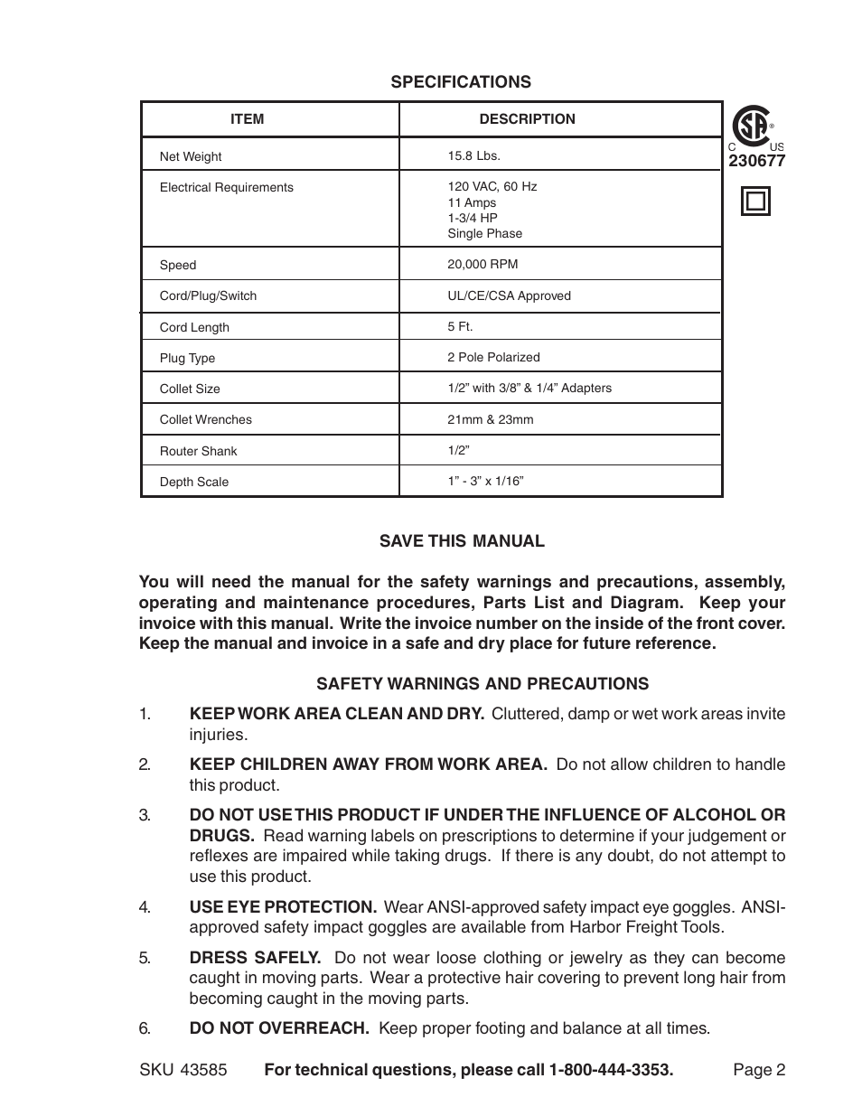 Harbor Freight Tools 43585 User Manual | Page 2 / 12