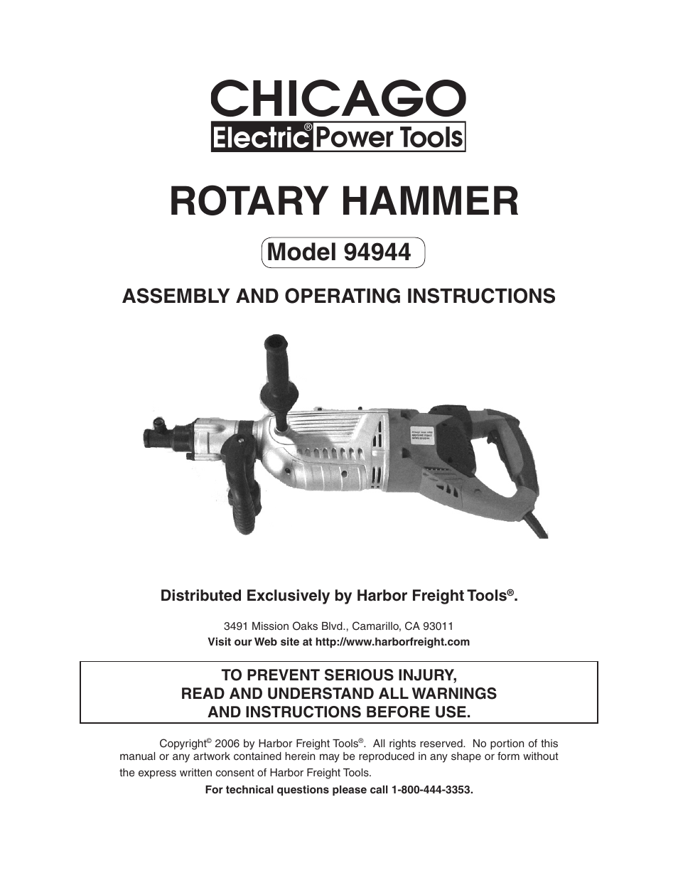 Harbor Freight Tools ROTARY HAMMER 94944 User Manual | 19 pages