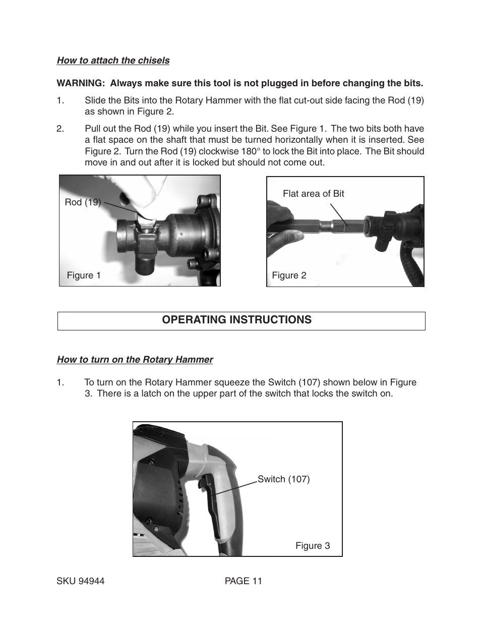 Harbor Freight Tools ROTARY HAMMER 94944 User Manual | Page 11 / 19