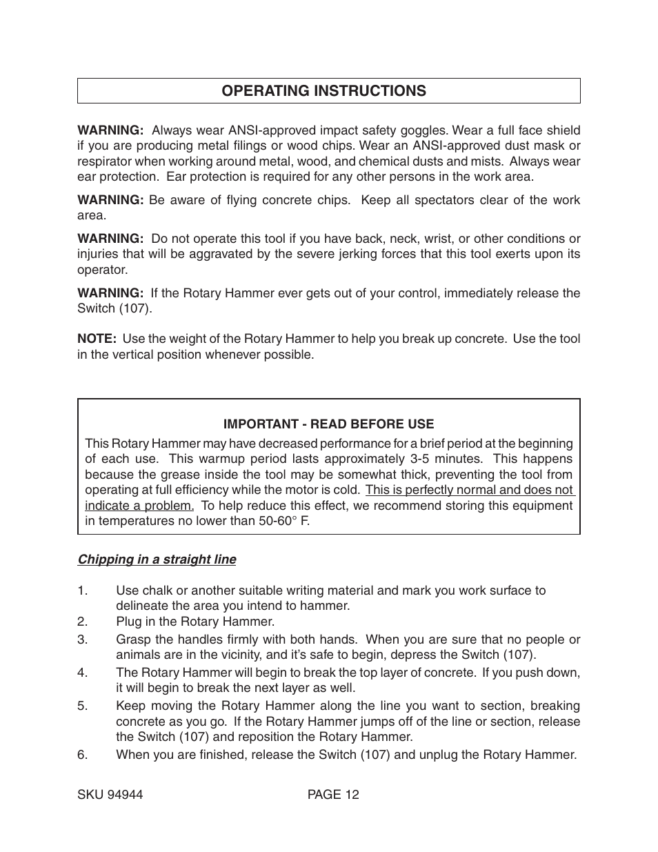 Harbor Freight Tools ROTARY HAMMER 94944 User Manual | Page 12 / 19