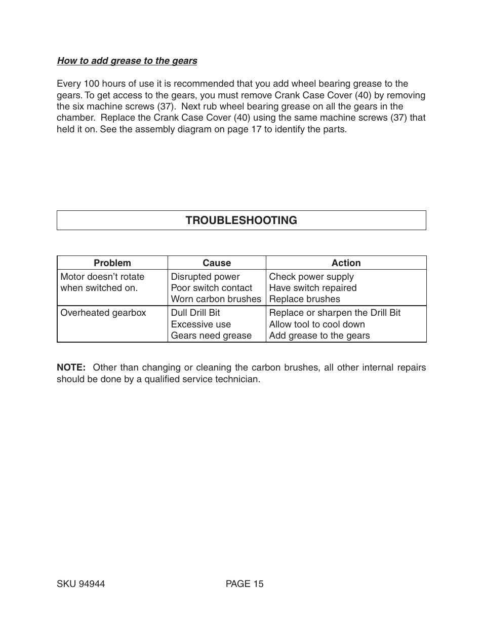 Harbor Freight Tools ROTARY HAMMER 94944 User Manual | Page 15 / 19