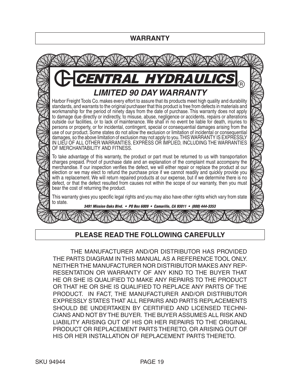 Limited 90 day warranty | Harbor Freight Tools ROTARY HAMMER 94944 User Manual | Page 19 / 19