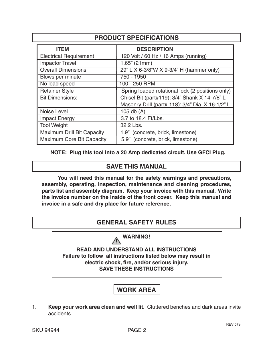 Harbor Freight Tools ROTARY HAMMER 94944 User Manual | Page 2 / 19