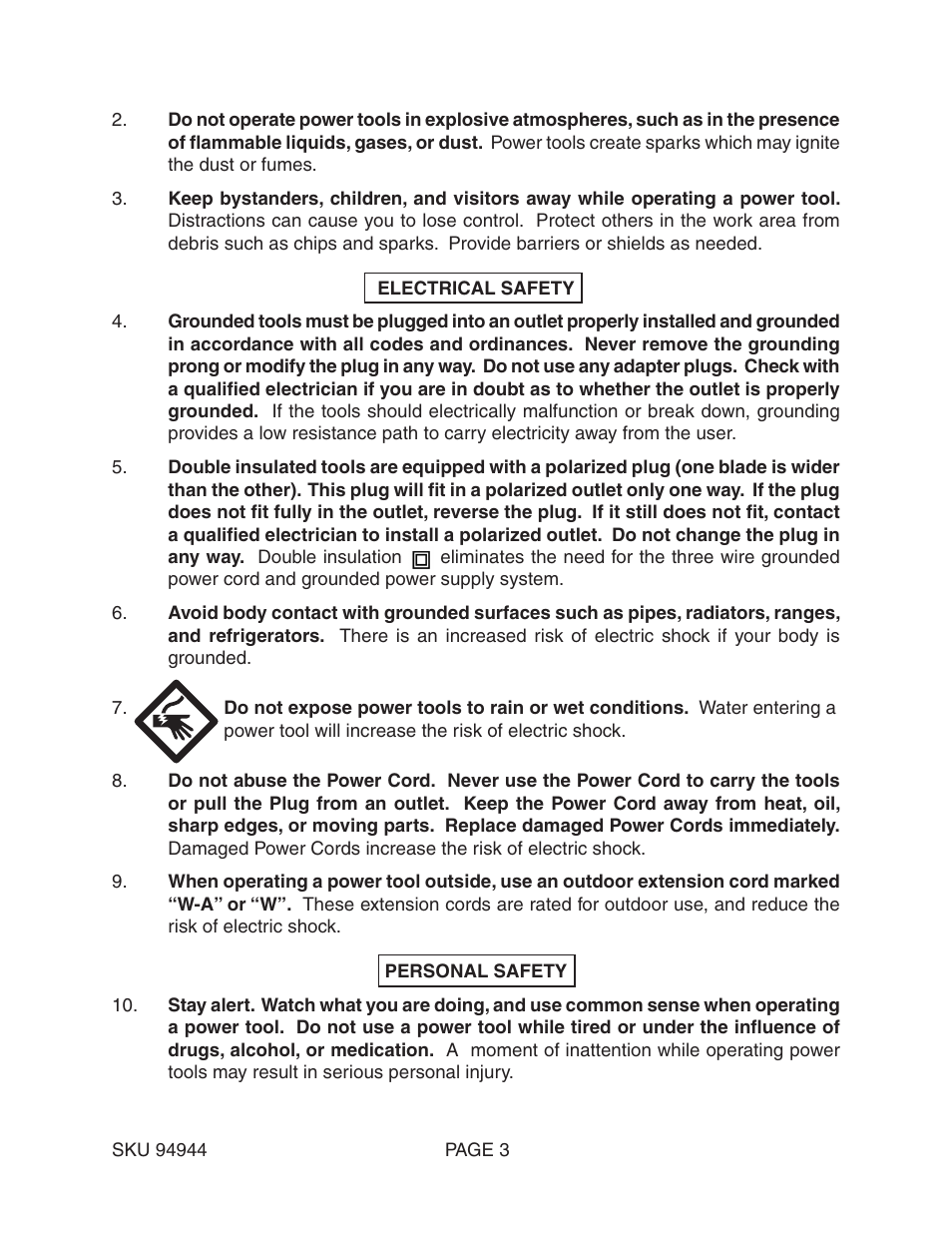 Harbor Freight Tools ROTARY HAMMER 94944 User Manual | Page 3 / 19