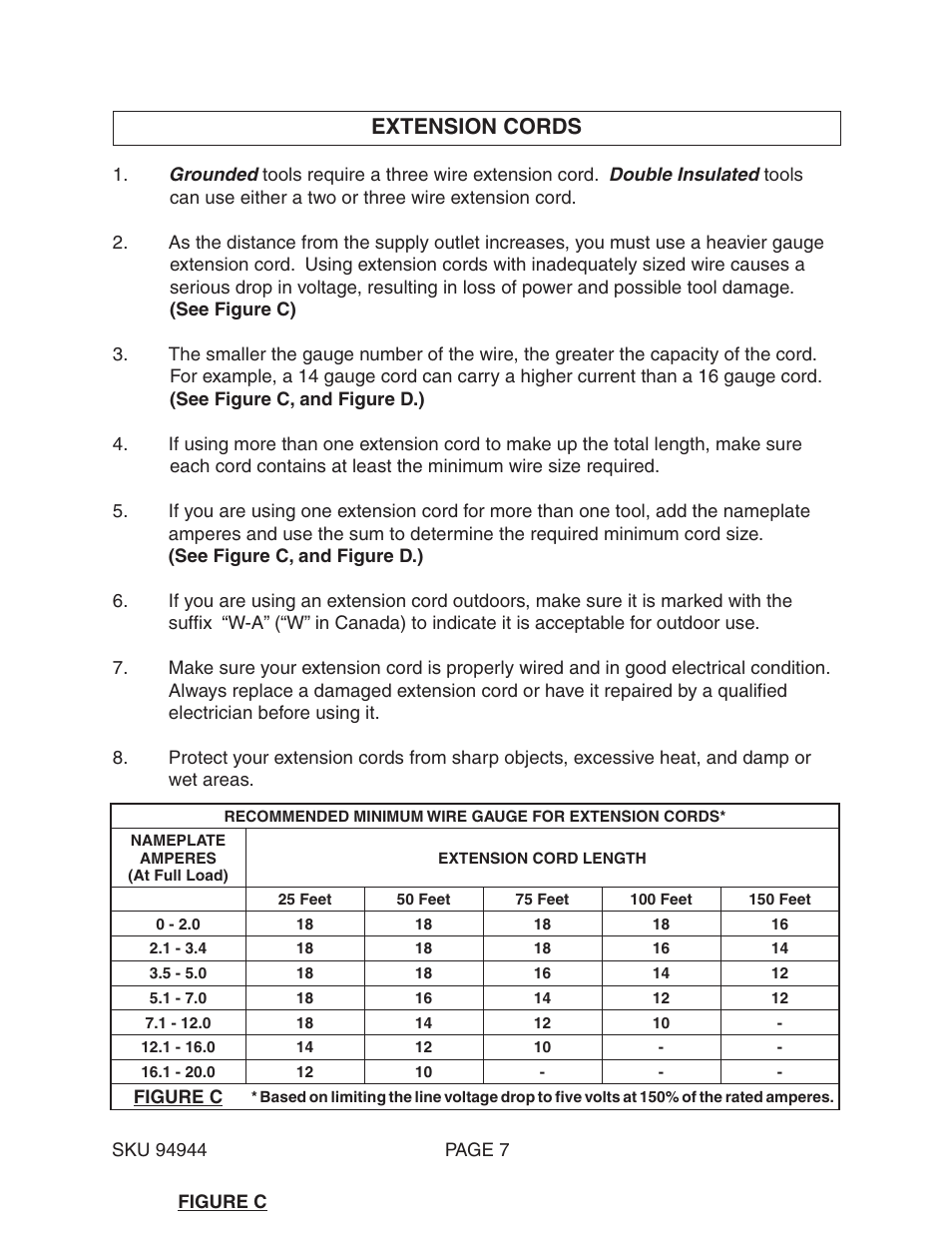 Extension cords | Harbor Freight Tools ROTARY HAMMER 94944 User Manual | Page 7 / 19